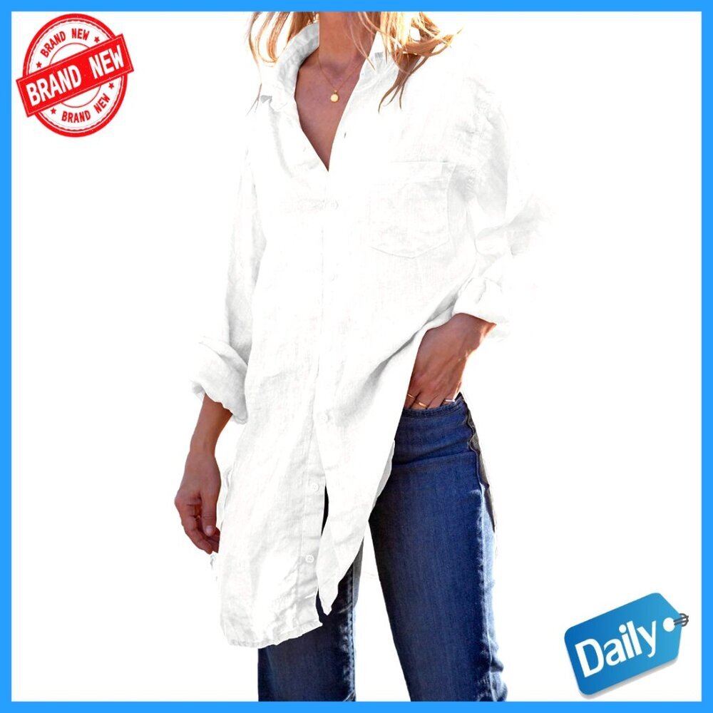 Linen Cotton Button Down Tunic Oversized Boho Beach Cover Up Blouse